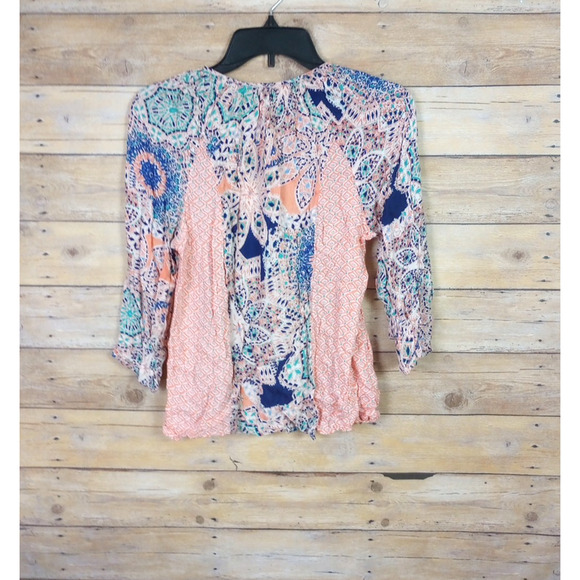 Lucy & Laurel Women Shirt Medium Orange Blue Bohemian Peasant Crochet Paisley - Picture 5 of 8